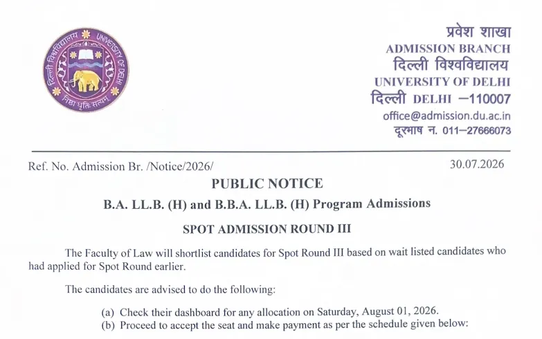 DU Law Admission 2026: BA LLB and BBA LLB Spot Round 3 Schedule, Seat Matrix Released at admission.uod.ac.in
