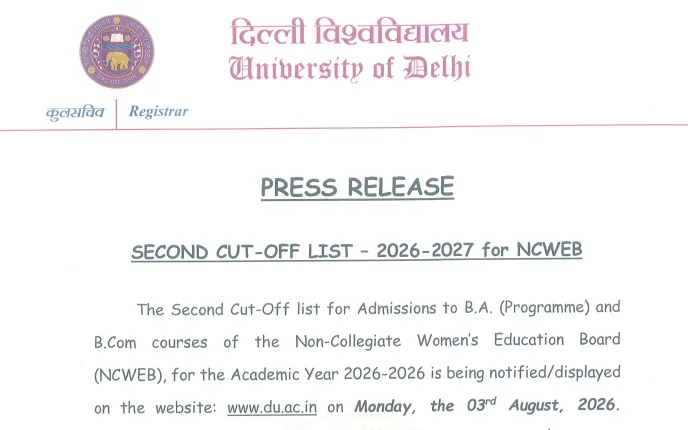 DU NCWEB Admission 2026: Second Cut-Off List Released at admission.uod.ac.in for BCom and BA Courses