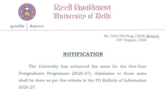 DU One-Year PG Admission 2026: Seats Enhanced, SOL Results to be Integrated Soon, Read Notice Here