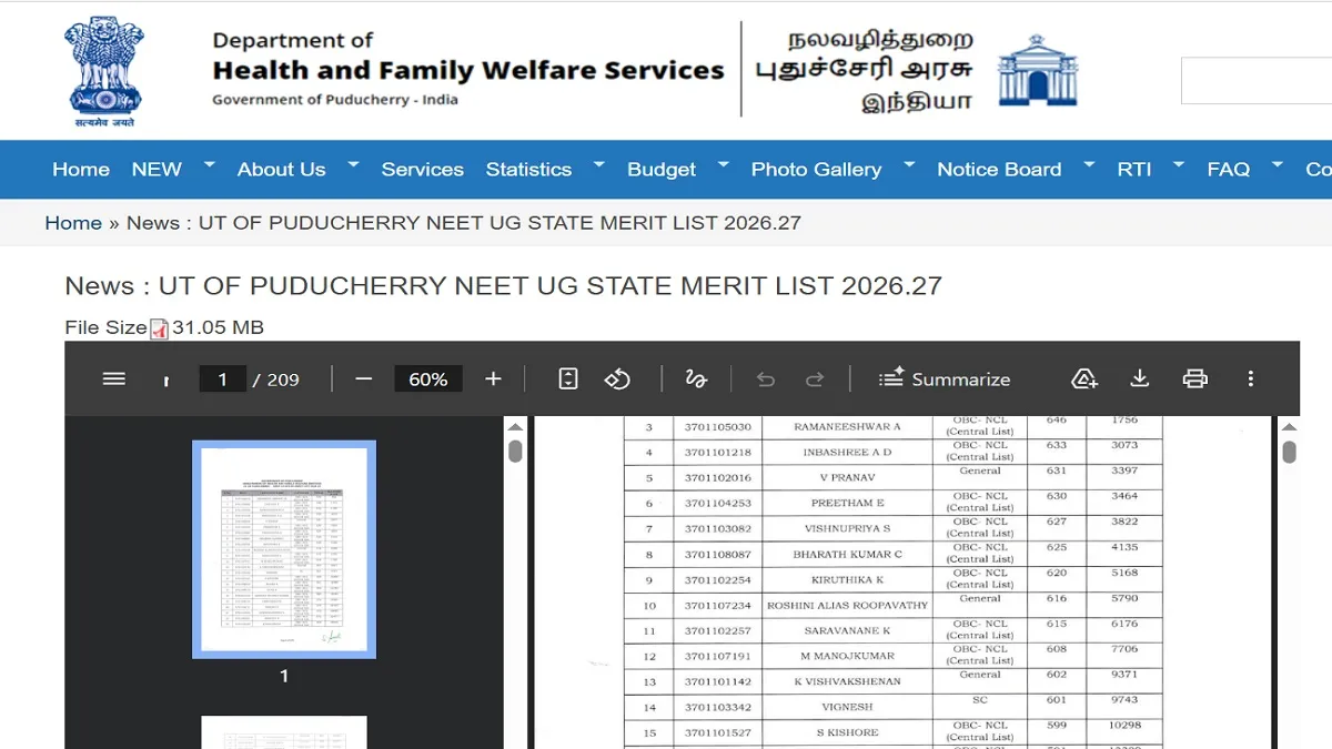 NEET UG 2026: Puducherry State Wise Merit List Released