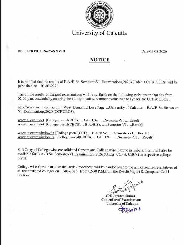 Calcutta University BA BSc 6th Sem Result 2026 Notice