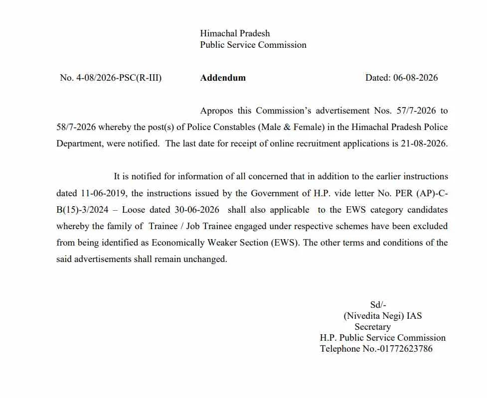 HP Police Constable 2026 Last Date Notice
