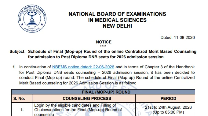 NBEMS Released Schedule for Final Mop-Up Round of Post Diploma DNB Admissions 2026 at natboard.edu.in