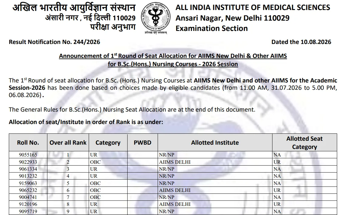 AIIMS BSc Hons Nursing Round 1 Seat Allocation PDF List 2026 Out At aiims.exams.nic.in, Direct Link Here