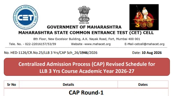 MAH LLB5, LLB3 CAP Revised Schedule Released at cetcell.mahacet.org, Check Important Dates, Notices Here