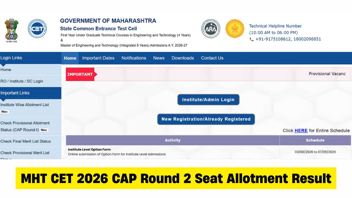 MHT CET 2026 CAP Round 2 Seat Allotment Result Releasing Today; Check Allotment Status at fe2026.mahacet.org