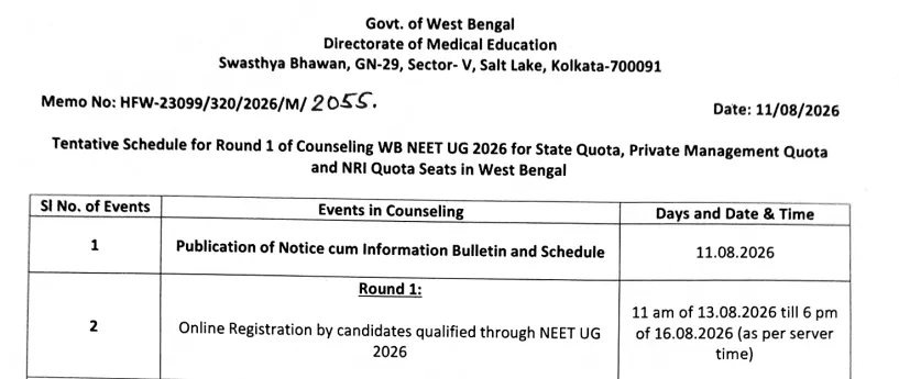 WB NEET UG 2026: Counselling Round 1 Tentative Schedule Released at wbmcc.nic.in for State, Private Management, and NRI Quota
