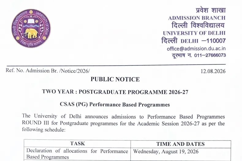 DU PG Admission 2026: CSAS Schedule Released for Performance-Based Programmes at admission.uod.ac.in