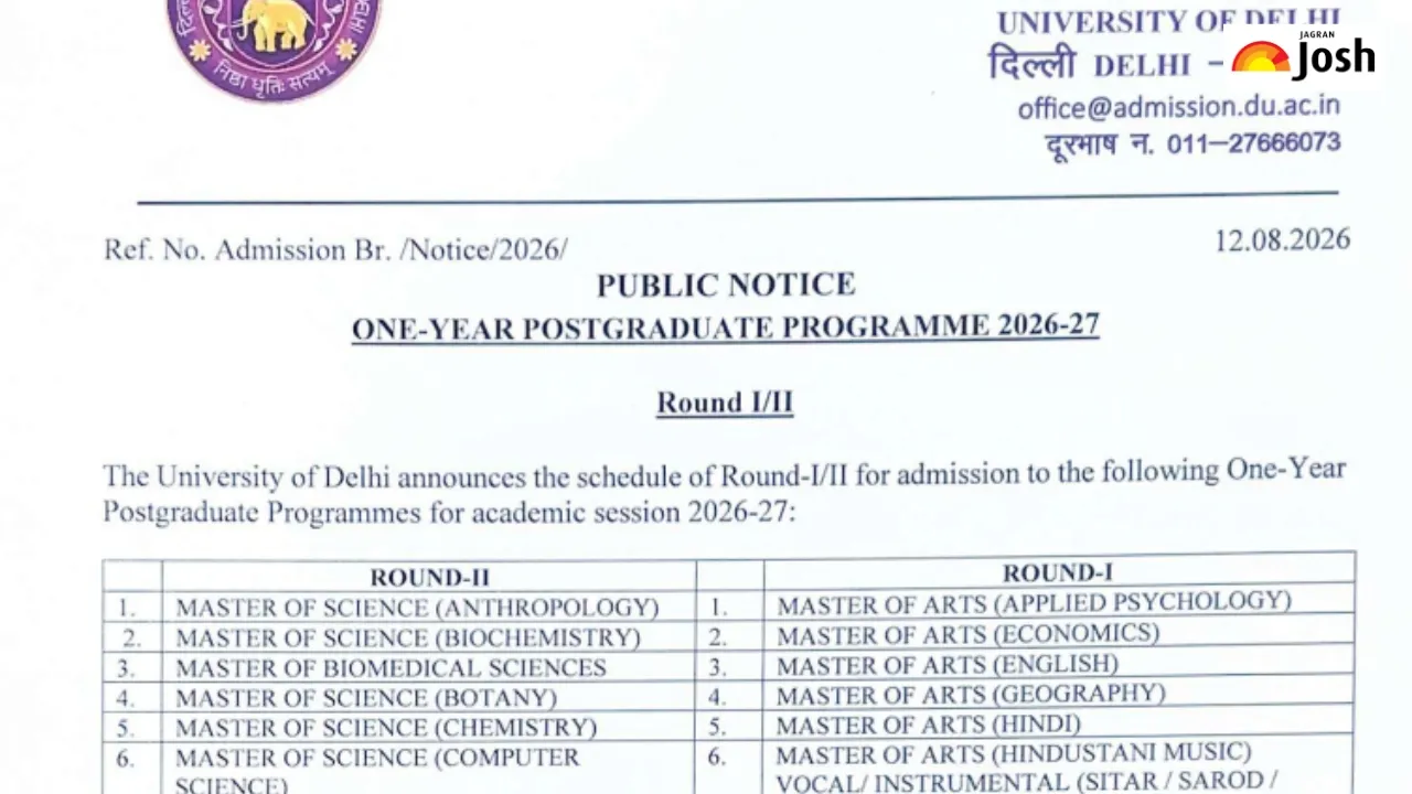 DU One-Year PG Admission 2026: दिल्ली यूनिवर्सिटी राउंड 1-2 का शेड्यूल जारी, admission.uod.ac.in पर देखें नोटिस