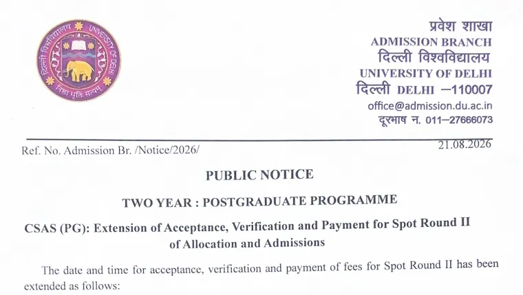 DU PG Admission 2026: CSAS Round 2 Extension of Acceptance, Verification and Payment Schedule Released at admission.uod.ac.in