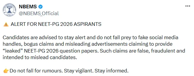 NEET PG 2026 Paper Leak Claims on Telegram, Instagram: NBEMS Issues Warning