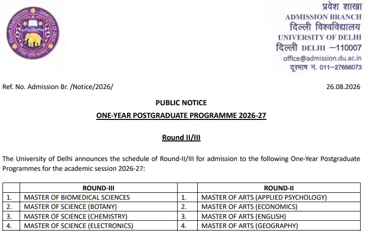 DU One-Year PG Admission 2026: Round 2 & 3 Schedule Released at admission.uod.ac.in, Pay Fee till August 29