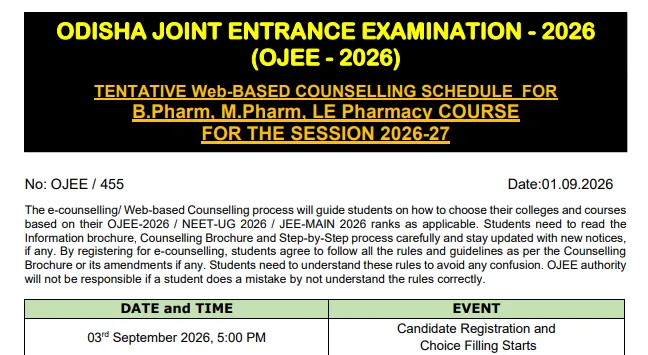 OJEE 2026: Web-Based Counselling Tentative Schedule Released at ojee.nic.in for B.Pharm, M.Pharm, LE Pharmacy Courses