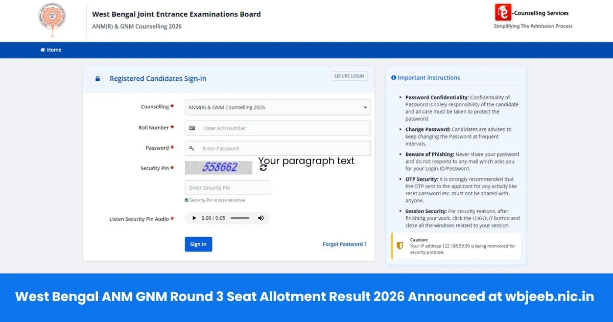 West Bengal ANM GNM Round 3 Seat Allotment Result 2026