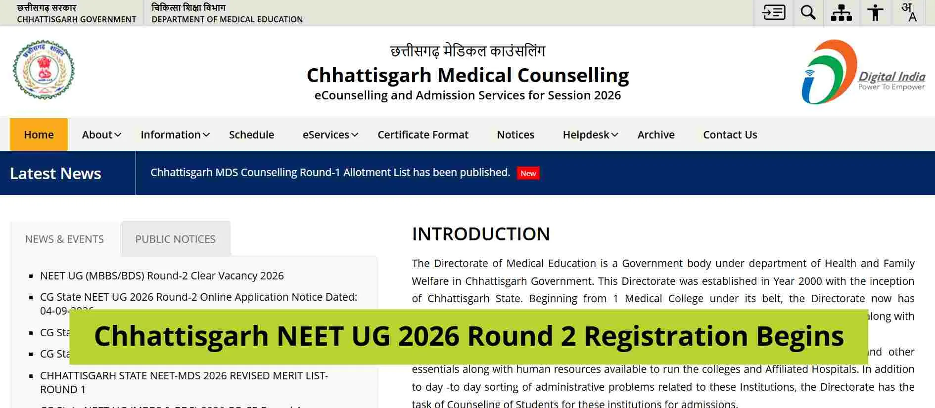 Chhattisgarh NEET UG 2026 Round 2 Registration Begins: Direct Link & Choice Filling at cgdme.admissions.nic.in