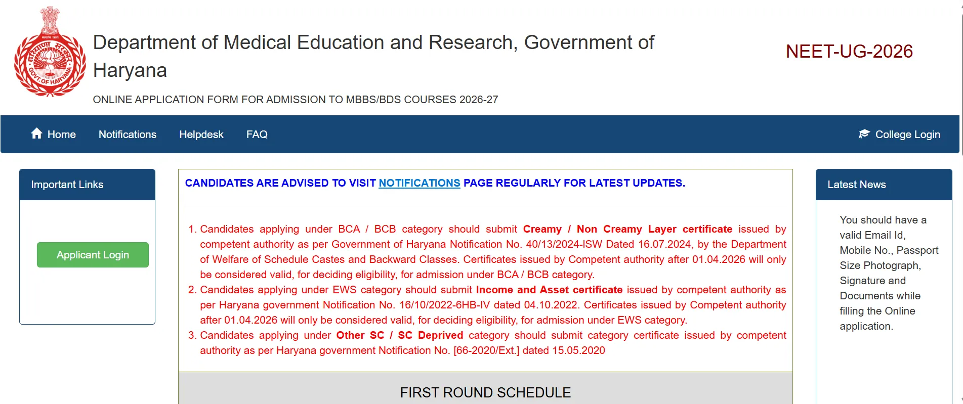 Haryana NEET UG Counselling 2026: Round 1 Document Verification Starts Tomorrow, Check Schedule, Documents