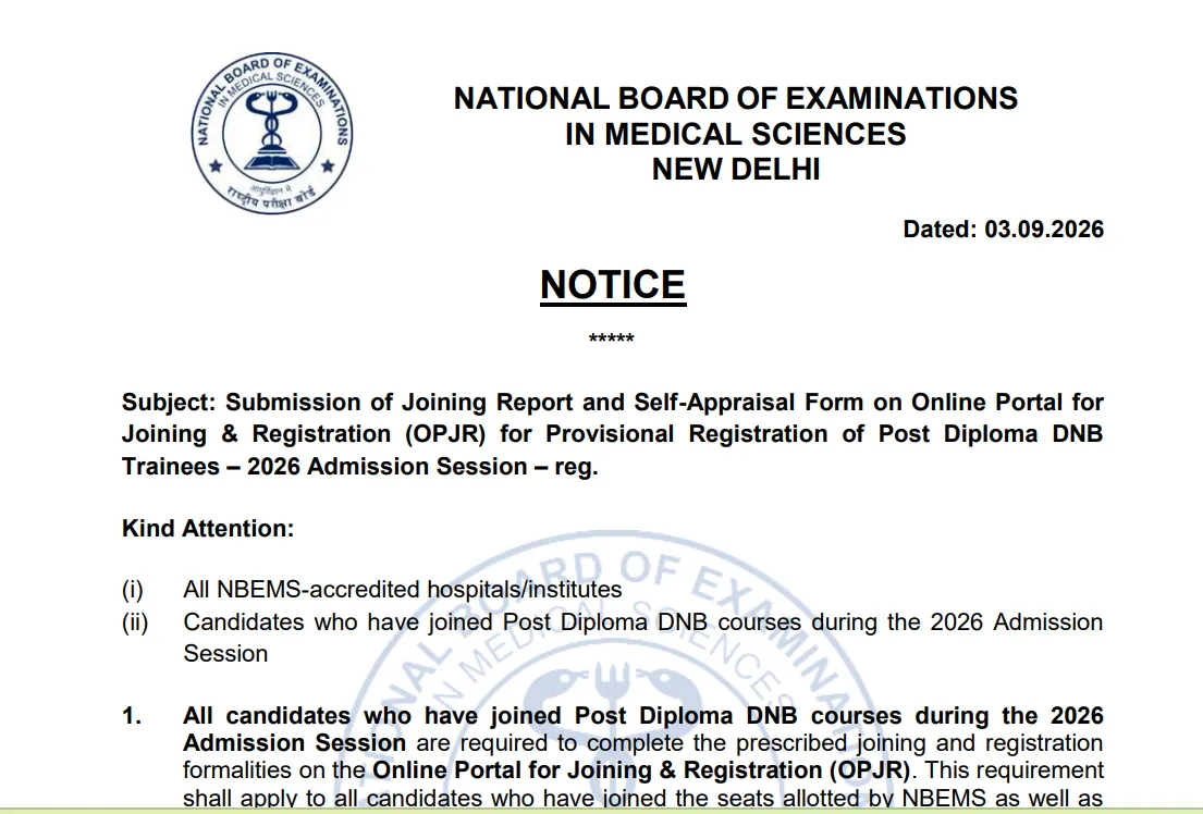 NBEMS Asks Post Diploma DNB Trainees To Submit Joining Report, Self-Appraisal Form Starting Sep 7