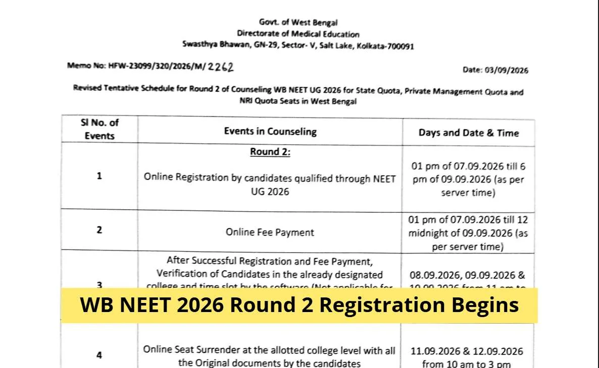 WB NEET UG Counselling 2026: Round 2 Registration Begins, Check Complete Schedule and Dates Here