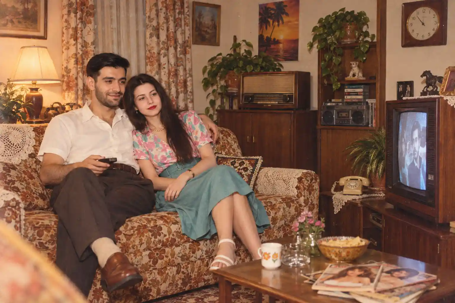Prompt 1 1980s Living Room Watching an Old TV Together