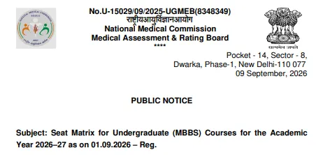NMC Released Seat Matrix for Undergraduate MBBS Courses at nmc.org.in, Official Notice Here