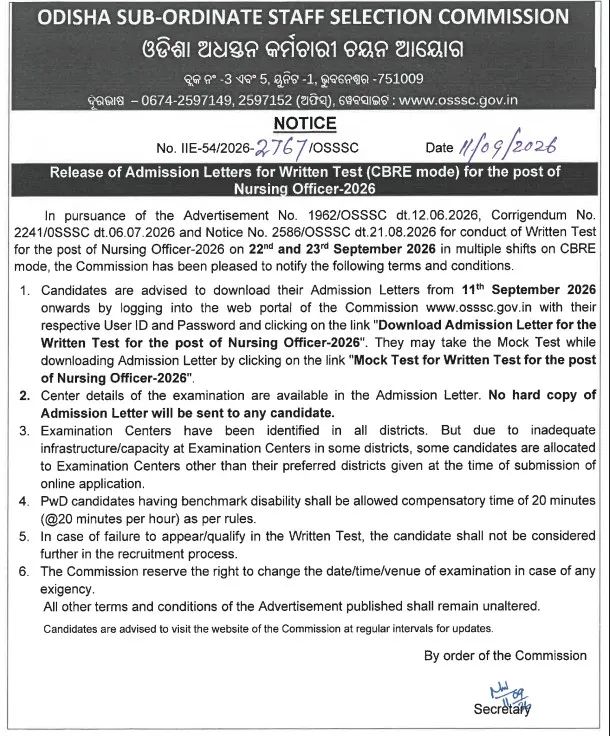 OSSSC Nursing Officer Admit Card 2026 Notice