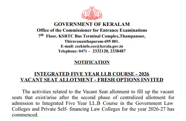 Kerala LLB5 Counselling 2026: Vacant Seat Allotment Schedule Released at cee.kerala.gov.in, Registrations Start - Direct Link here
