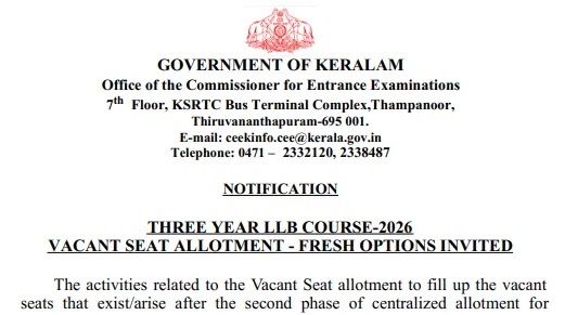 Kerala LLB3 Counselling 2026: Vacant Seat Allotment Schedule Released at cee.kerala.gov.in, Registrations Begin - Direct Link here