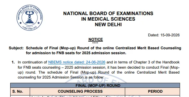 FNB Admissions 2025: NBEMS Releases Final Mop-Up Round Counselling Schedule at natboard.edu.in, Check Important Dates Here