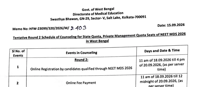 WB NEET MDS 2026: Round 2 Tentative Schedule Released at wbmcc.nic.in, Registrations Begin Tomorrow