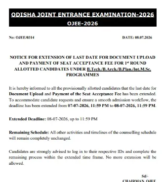Odisha Joint Entrance Examination (OJEE) 2026 Counselling: Deadline Extended for Document Upload, Seat Acceptance Fee