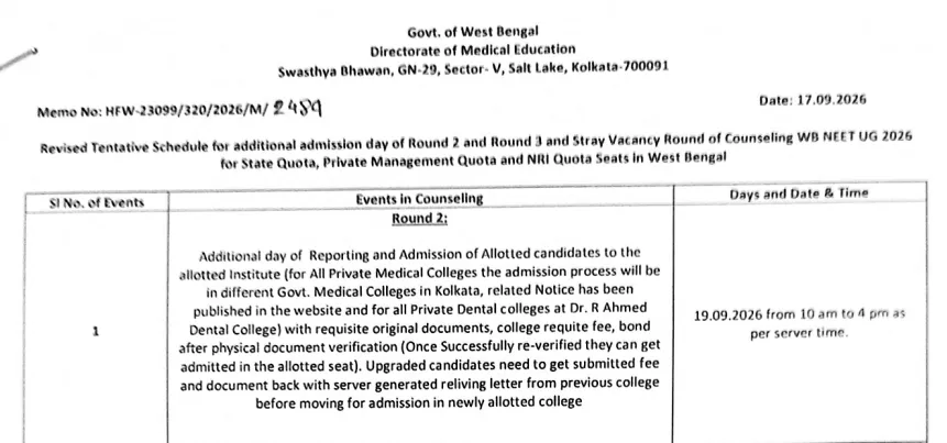 WB NEET UG Counselling 2026: Revised Tentative Schedule Released at wbmcc.nic.in, Check Important Dates for Round 2, 3 & Stray Vacancy