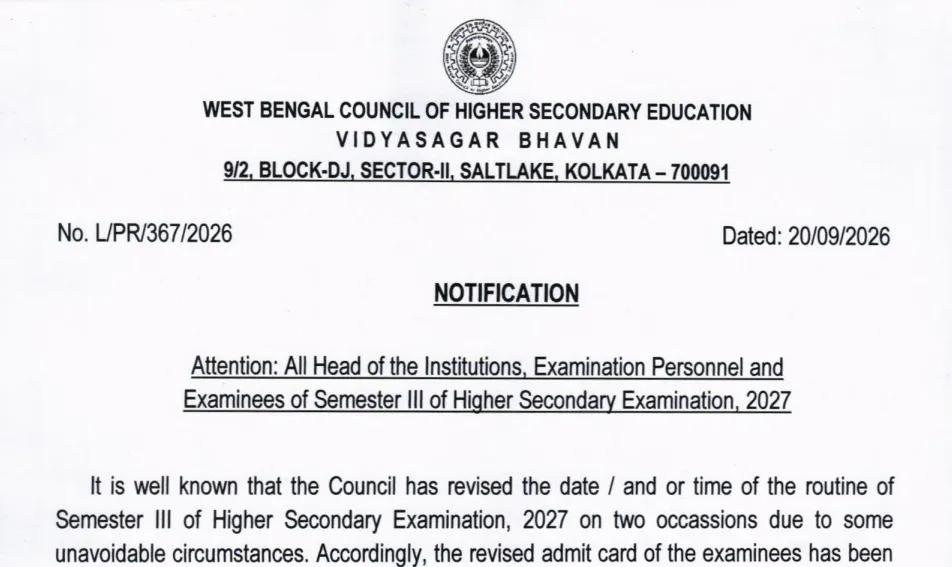 WB HS Semester 3 Exam 2027: Students Allowed to Appear Using Any Verified Admit Card Previously Issued