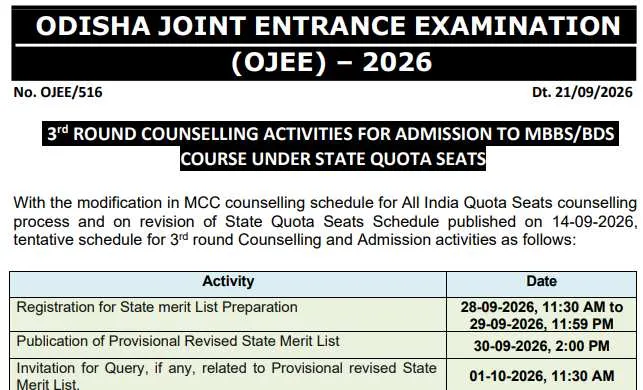 Odisha NEET UG Round 3 Counselling 2026 Schedule Released at ojee.nic.in; Check Full Schedule, Choice Locking & Reporting Dates