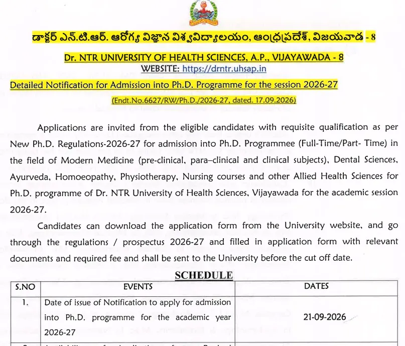 Dr NTR UHS PhD Admission 2026-27: Research Wing Releases Notification, Check Eligibility and Application Details
