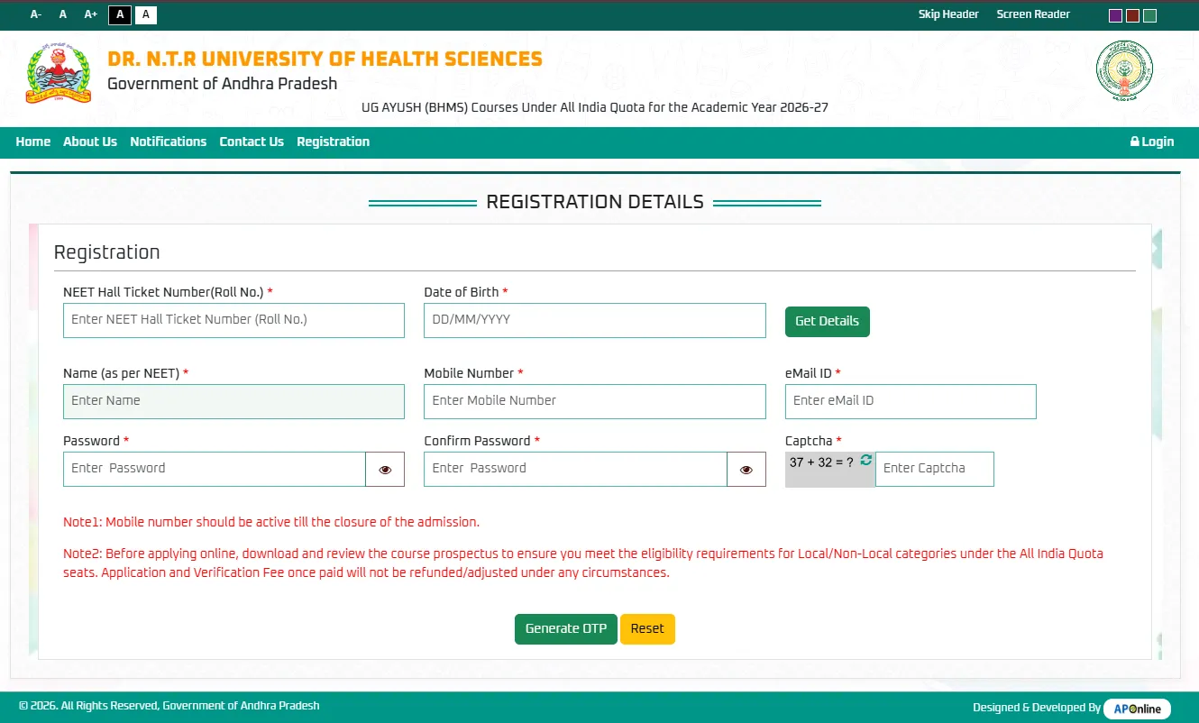 Andhra Pradesh AYUSH UG Counselling 2026: BHMS Registrations Close Tomorrow for AIQ and Management Quota, Apply at drntr.uhsap.in