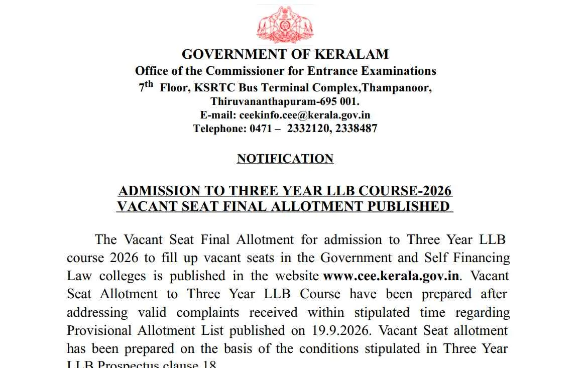 Kerala 3 & 5-Year LLB Course 2026 Vacant Seats Final Allotment Result Released; Check Here