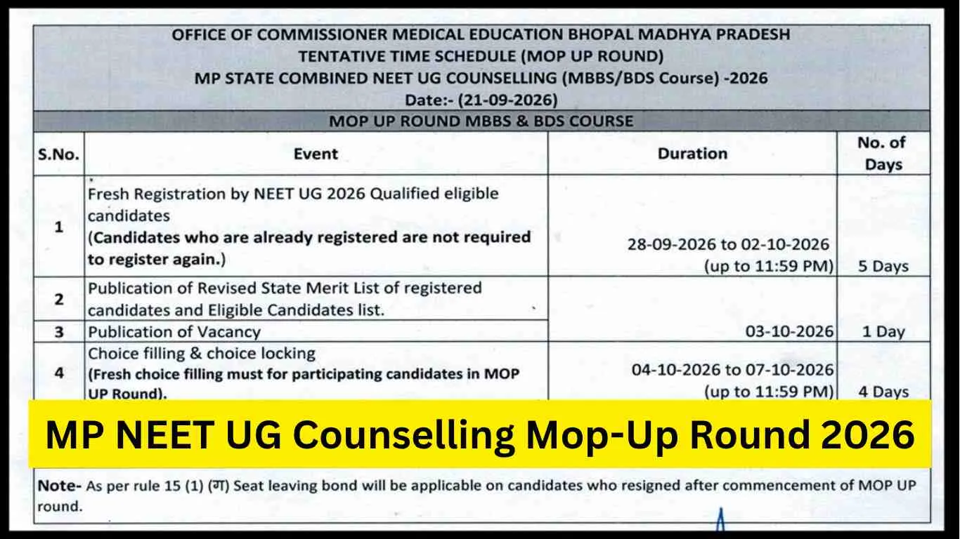 MP NEET UG Counselling Mop-Up Round 2026: Check MBBS and BDS Schedule, Choice Filling Window & Seat Allotment Date
