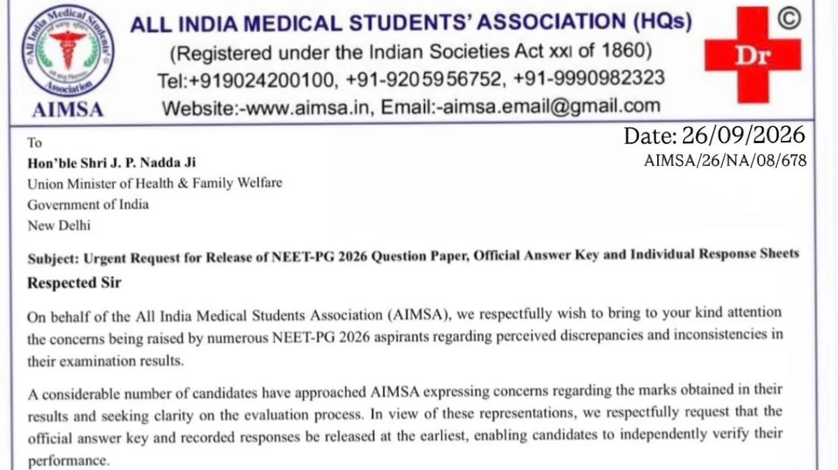 NEET PG 2026: Indian Medical Students’ Body Writes To Union Minister For Urgent Release Of Answer Key, Response Sheets