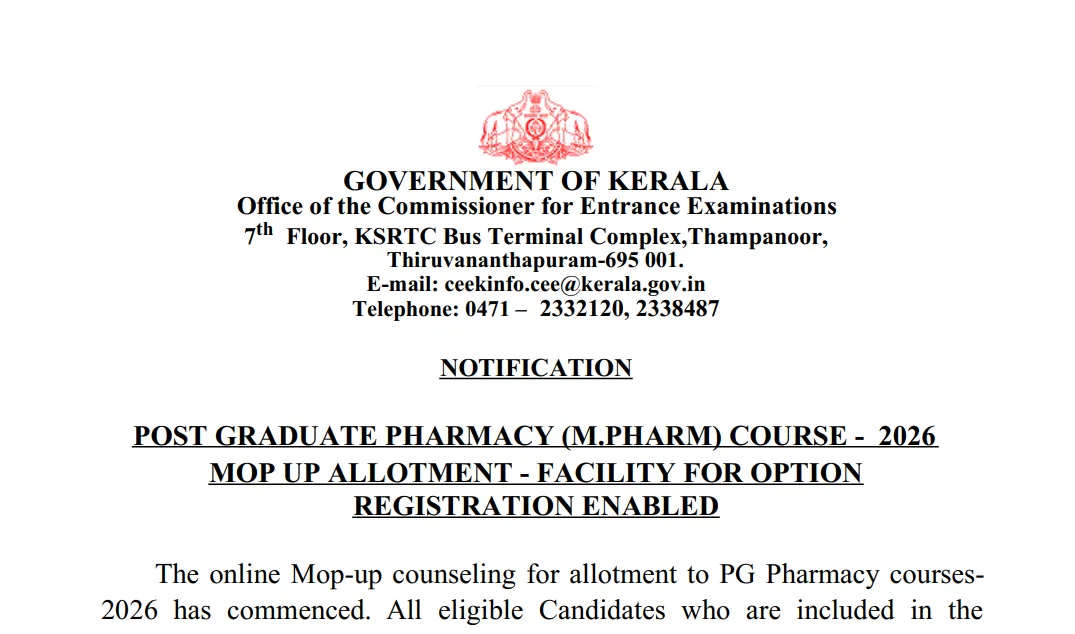 Kerala M.Pharm Mop Up Allotment 2026: Option Registration Ends Today, Check Details