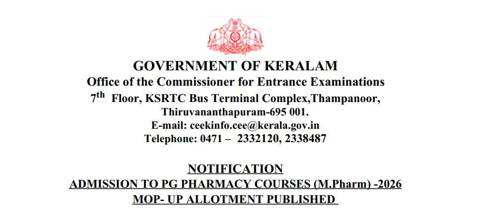 KEAM PG MPharm 2026 Mop-Up Allotment Published at cee.kerala.gov.in; Check Details