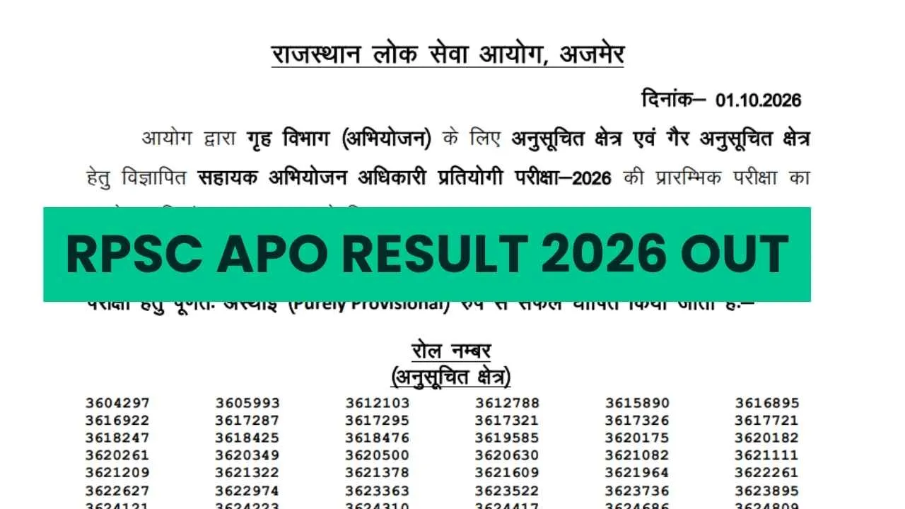 RPSC APO Result 2026 Out: राजस्थान सहायक अभियोजन अधिकारी का परिणाम rpsc.rajasthan.gov.in जारी, पीडीएफ डाउनलोड करें