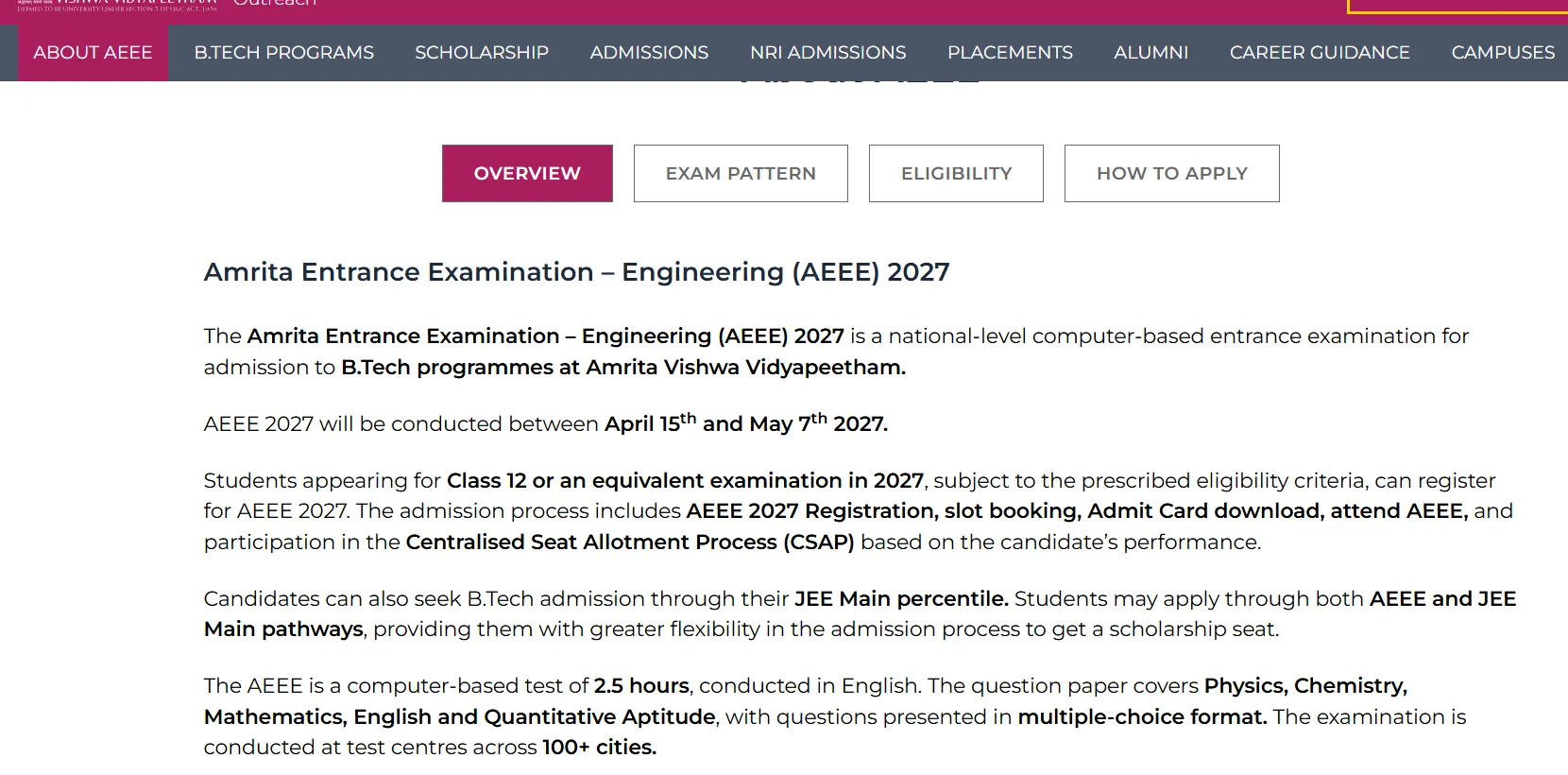 AEEE 2027 Exam From April 15: Amrita Vishwa Vidyapeetham Entrance Exam Registration Begins In November