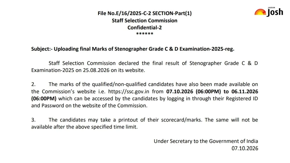 SSC Stenographer Grade C & D Final Marks 2026 Released
