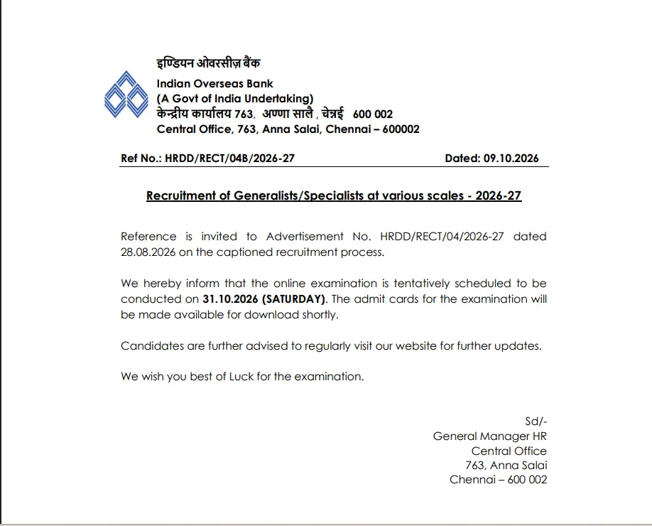 Indian Overseas Bank Exam Date 2026