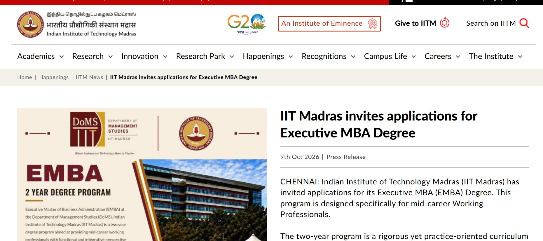 IIT Madras Executive MBA 2027: Applications Open for Working Professionals, Apply by October 26