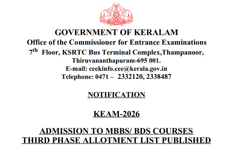 Kerala NEET UG Counselling 2026: Third Phase MBBS, BDS Allotment List Published at cee.kerala.gov.in