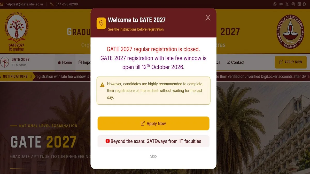 GATE 2027 Registration with Late Fee Closes Today