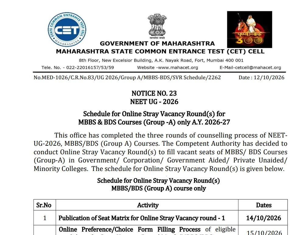 Maharashtra NEET UG 2026 Stray Vacancy Round Counselling Schedule Released, Seat Matrix on October 14