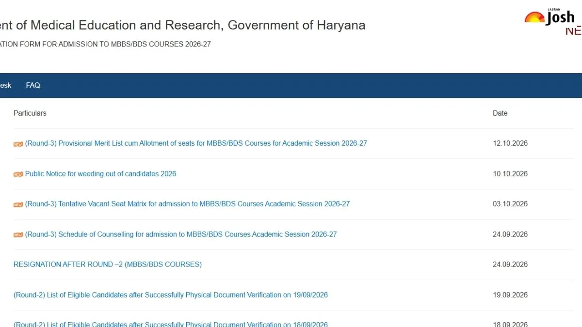 Haryana NEET Round 3 Seat Allotment Result 2026