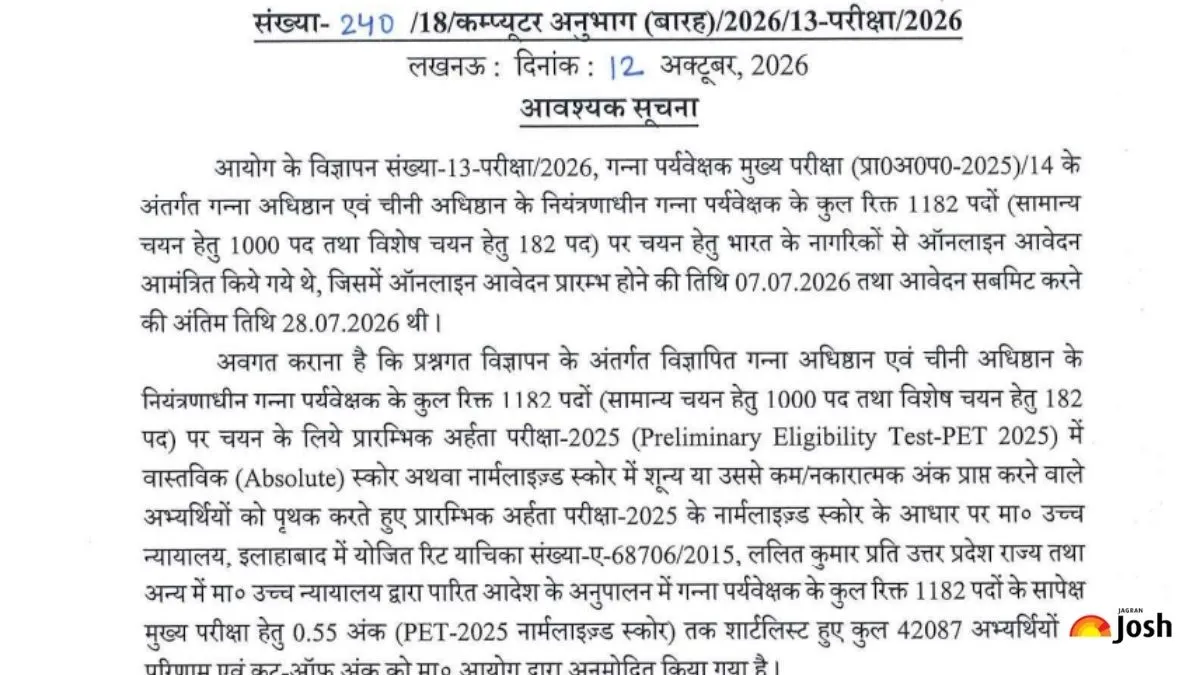 UPSSSC Cane Supervisor Mains Eligibility Result 2026 Out